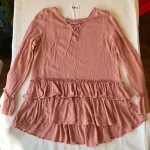 Monoreno Women’s Long Sleeve V-neck Girly Ruffle Mini Dress size S, Pink, Rayon